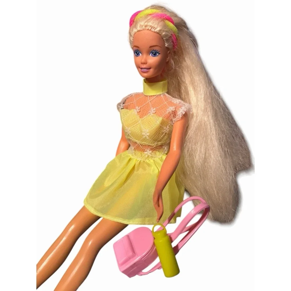 Vintage 90's Blonde Barbie Doll  With Purple Eyes  Neon Outfit With Accessories‎